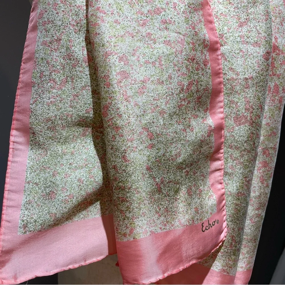 Echo 100% Silk Scarf 15x46 Rectangular Pink Cream Green Dainty and Feminine